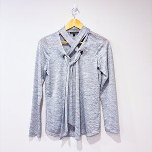 MELANIE LYNE Silver Metallic Tie-Front Top Shimmery Long Sleeve | Small *